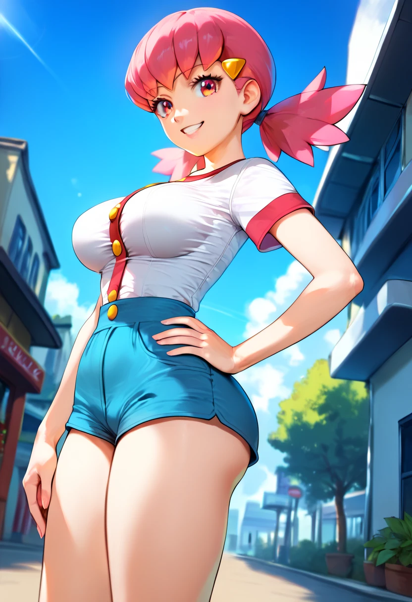 1girl, background, (ranma-chan), blush, red hair, big breasts, tomboy, one short pigtail, nighttime, hot breath, open mouth, dimmed lighting, standing, city, big ass, wide hips, toned body, wearing slutty prostitute outfit, micro skirt, midriff, prostitute, purple eyeshadow, (detailed fingers), thong peek, tight pink latex top, no bra, 5 fingers, red light, neon light billboards, red-light district, nipple bulge in shirt, pussy juice, ikuchan