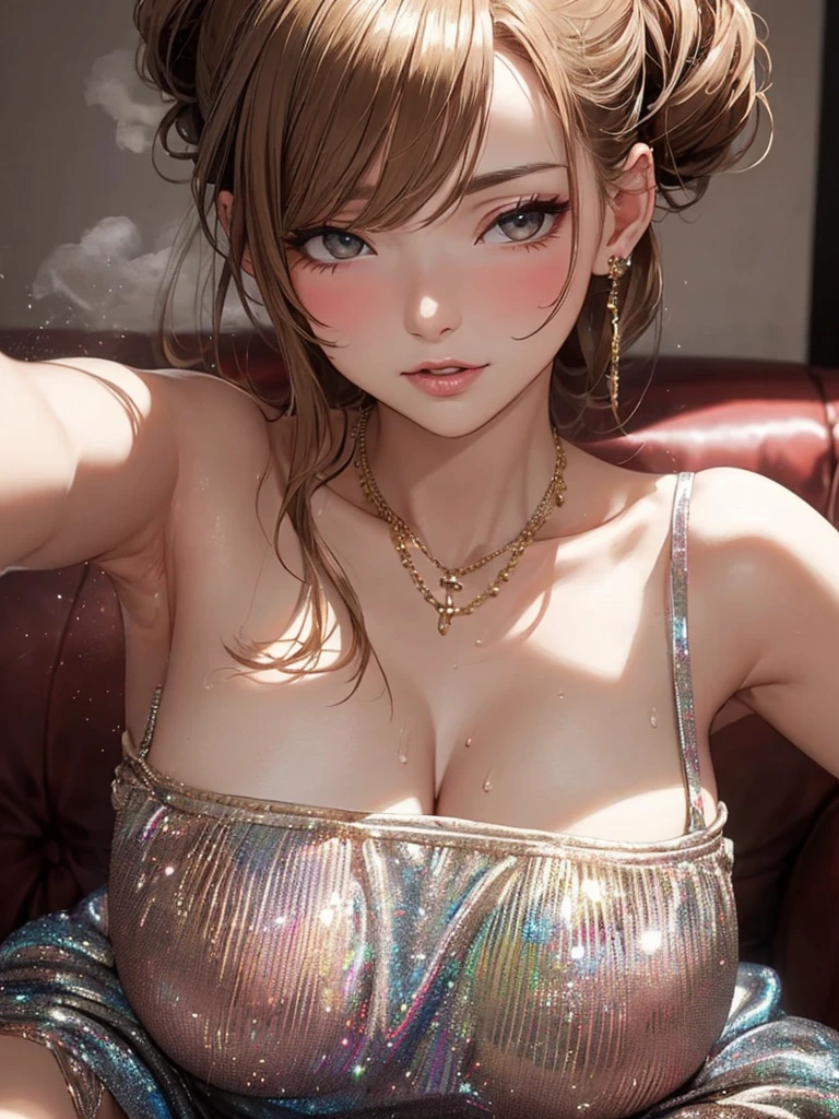 、(masterpiece: 1.3), (Maximum resolution: 1.2), (Ultra HD TV: 1.2), Cinematic Light, 8K resolution, Detailed facial features , (Sharp focus: 1.2）,Perfect Style, Beautiful Face,, Anatomically correct, Highly detailed face and skin quality感, Beautiful Eyes,Bright Eyes,  Natural Cheeks, Glowing Skin,  (Glossy Lips: 1.4),,Highly detailed face and skin quality, Natural Cheeks, , Rui々Beautiful lips,Exposed cleavage、Earrings,(Dress of the Holy Knight:1.4)、Healthy legs、Bare thighs、Exposed female genitalia、nude crotch,nude hip,nude legs、Blowjob with tongue out、Realistic tongue、Realistic lips、slender、Grasp the male genitalia with both hands、Soft look、A lot of semen、