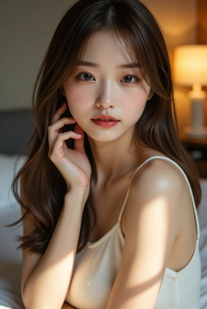 (Naked:1.2), (Leg spread:1.3),(Ultra-high resolution, highest quality, masterpiece: 1.2), (Realistic, PhotoRealistic: 1.37), Super detailed, (Lying in bed: 1.2), Professional Lighting, Photon Mapping, Radio City, Physically Based Rendering, masterpiece, Rich details, (Beautiful Face),(Fine Eyes), (Clear Face), (Detailed face description), (Detailed hand description), (masterpiece), Realistic, Extreme light and shadow, Shiny skin,Shiny Hair, One Girl, 18-year-old, Japan, cute, (Kissing Face,Feels good:1.3),(Gradient Brown Hair, Long Hair:1.2),Small Tall, thin: 1.2, double, Disheveled Hair, fine clavicle, clavicle, (Large Breasts:1.37), Beautiful thighs