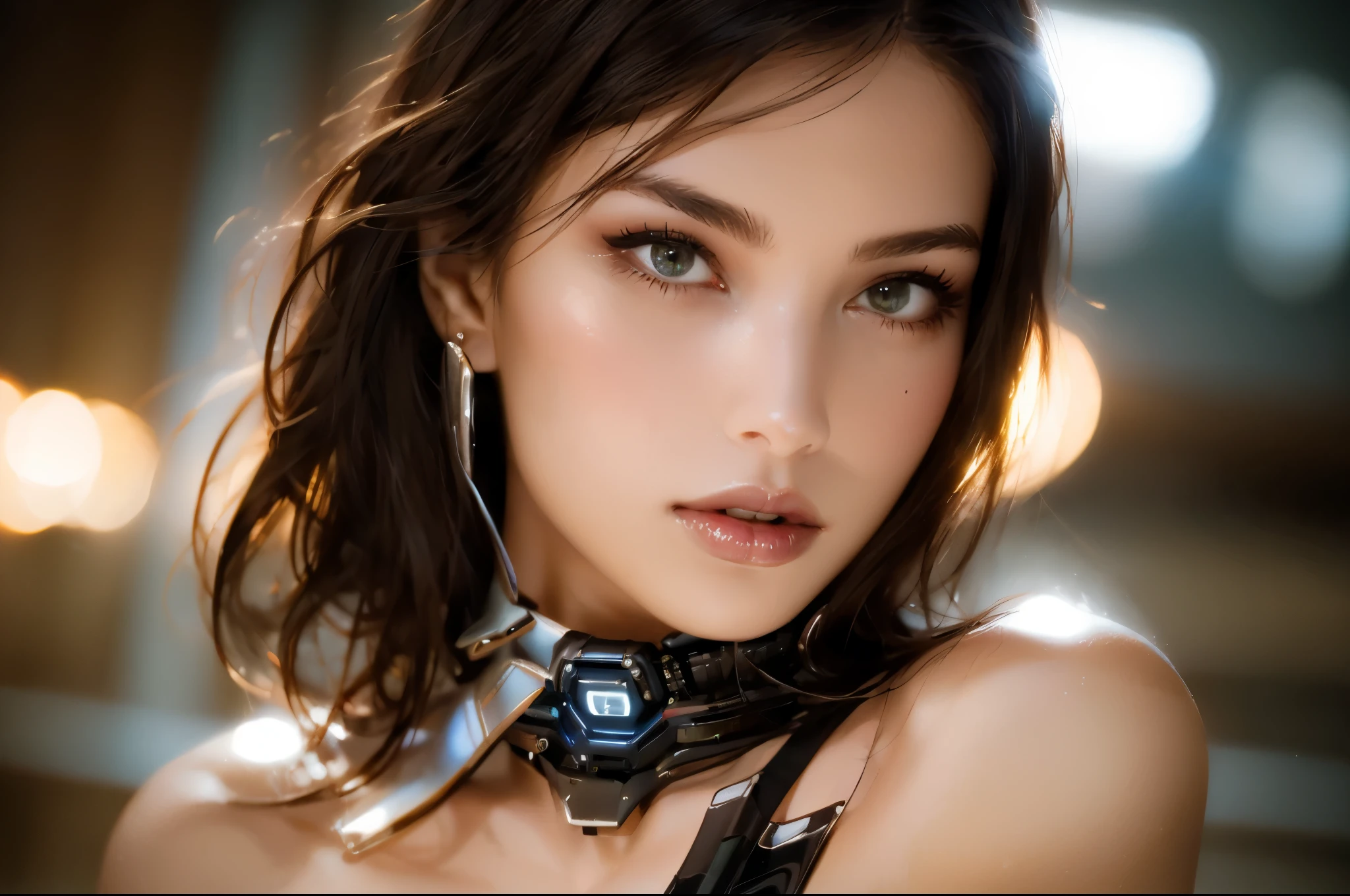 masterpiece, best quality, a beautiful woman with long shiny hair, choppy bangs, delicate face, passionate gaze, perfect smille, blush, seductive expression, tall and fit figure, perfect body, perfect skin, seductive pose, sexy Futuristic Technological Nanogel Clothing, the color scheme is primarily White with Green accents, aidraf, this character embodies a finely crafted sexy beauty, exquisite and mature art Style, goddess, feminine, exquisite photography, depth of field, bokeh, photorealistic, even and soft lighting on face, dramatic, high definition, highres, ultra detailed, professional photo, perfect body proportions, anatomically correct, symmetrical face, extremely detailed eyes and face, perfect eyes, high quality eyes, creativity, RAW photo, UHD, 32k, portrait lighting, cinematic lighting, (masterpiece-anatomy-perfect:1.2)