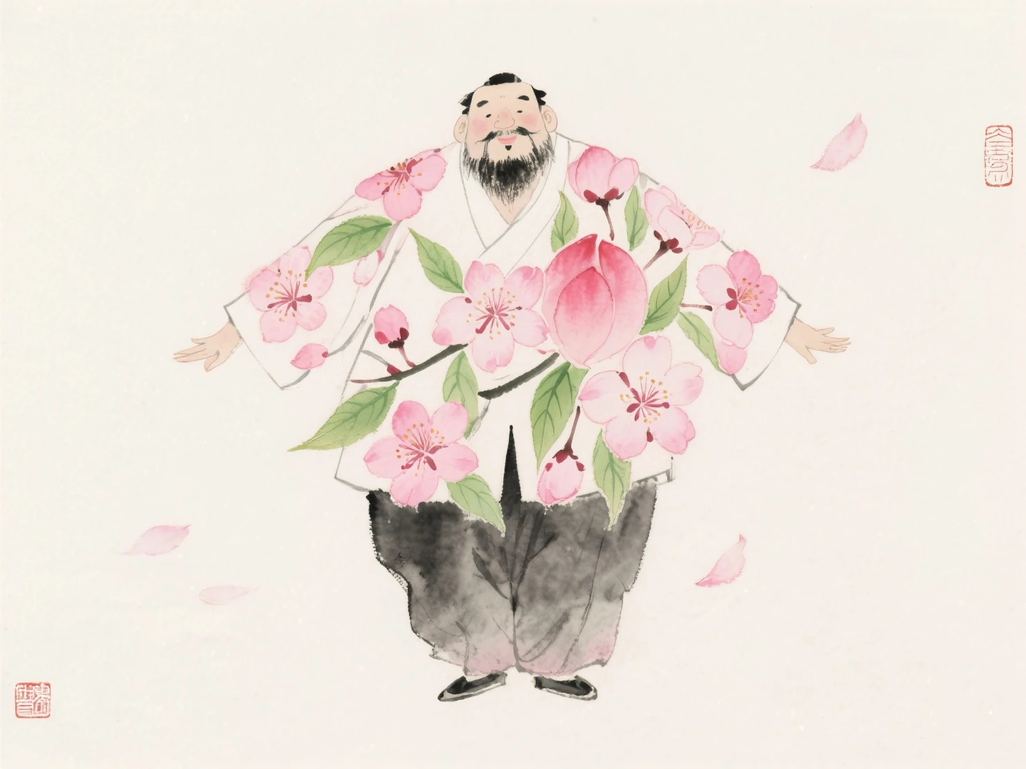 1boy, male focus, plump, solo, belly, fat, chest hair, facial hair, beard, full body, pectorals, nipples, hand fan, smile, black hair, navel, bara, tree, fat man, japanese clothes, standing, hand on hip, hairy, mature male, muscular male, holding, water, navel hair, open clothes<lora:md-031-å¤ä»£ç¥è¯æé0.6-0.9:0.7>,, masterpiece,best quality,ultra-detailed,