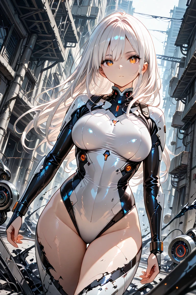 highest quality、Realistic、female、zoom、Orange Eyes、Silver long wavy hair、Hero Suit、Glossy bodysuit、slender、Dark Skin、Large Breasts。Big Ass、Rooftop、An inappropriate smile、Bust Shot、