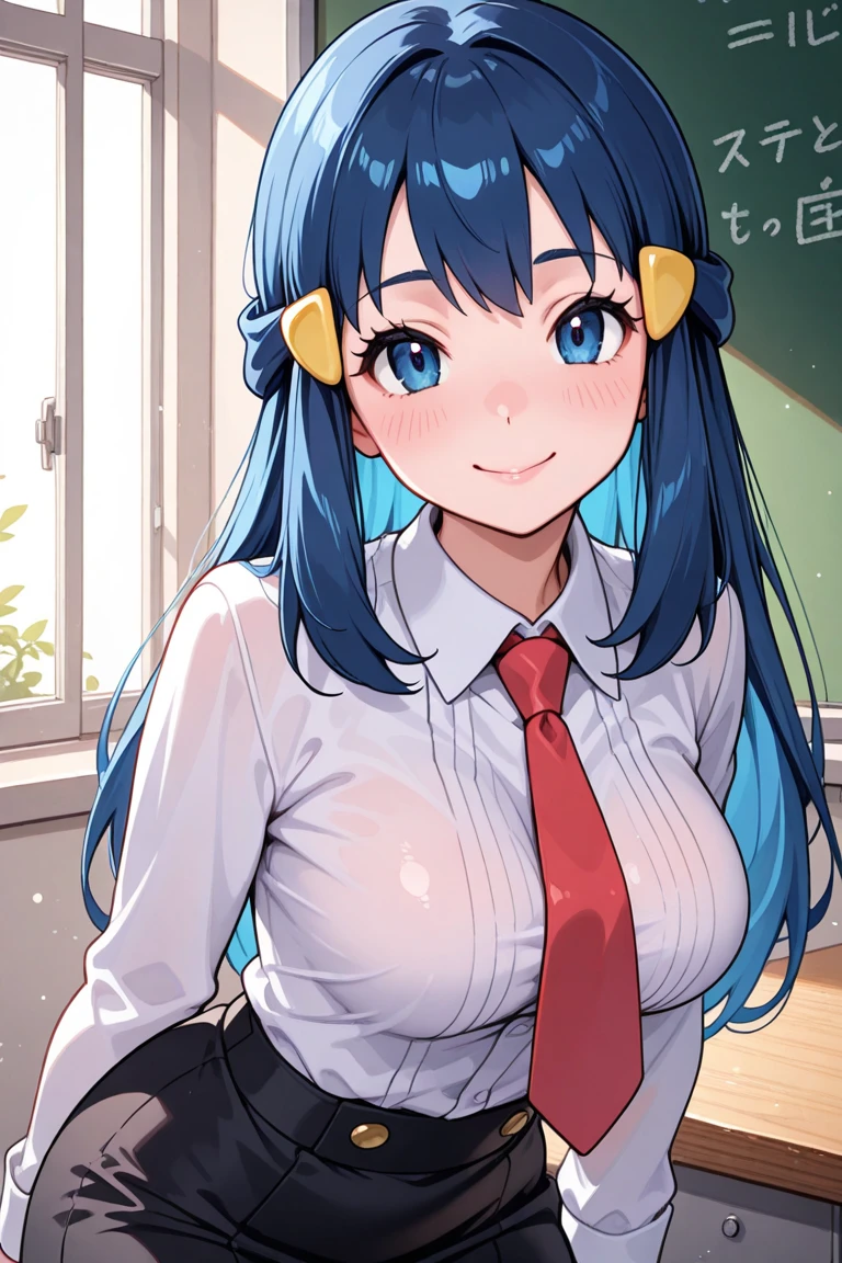 masterpiece, best quality, ultra-detailed, illustration, colorful, flat color, depth of field, 1girl, sona buvelle, anime, sitting, blue hair, twintails, blue eyes, looking at viewer, at office, white shirt, blue tie, blue skirt, pantyhose, black pantyhose, detailed skin texture, detailed cloth texture, beautiful detailed face, seductive grin, large breasts