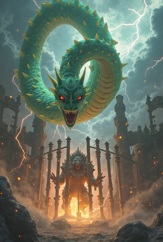 old large dragon breathing animated lightening, on a hero who is holding a shield to protect themselves from the lightening