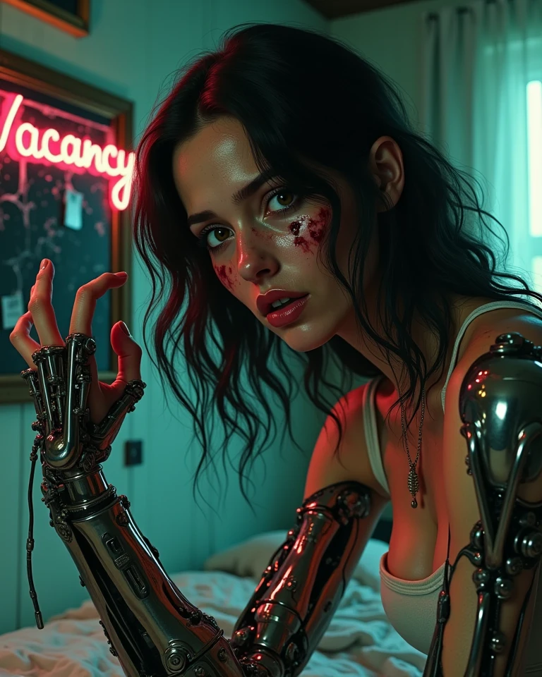 Undead vampire gothic girl with short dark hair and blue eyes, in underwear sitting on the couch, It is riddled with machine guns with millions of bullets that make many bullet holes in the sofa and the walls in its impenetrable steel skin.., Bullets fall to the ground