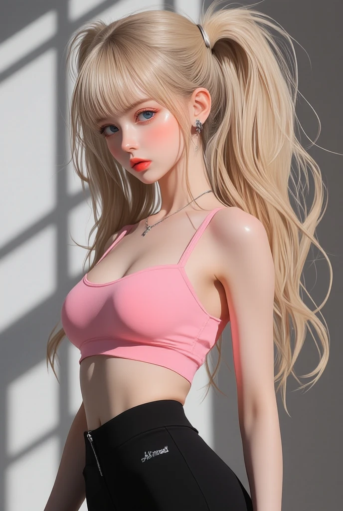 light blue and pink color scheme，sexy girl ，small body，，white curly hair,　Camisole in colorful colors
