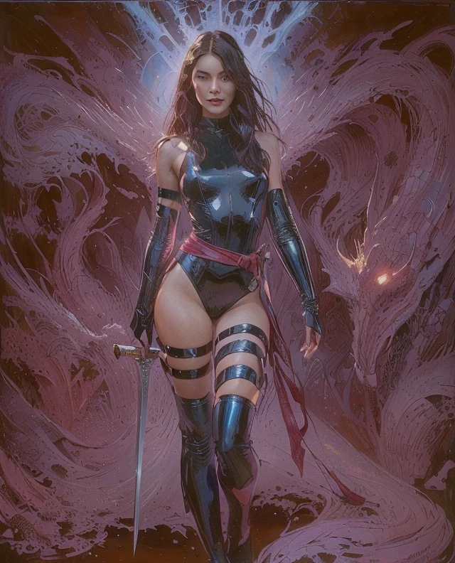 a sexy woman rests peacefully, four swords adorn the wall  (art inspired by Bill Sienkiewicz)