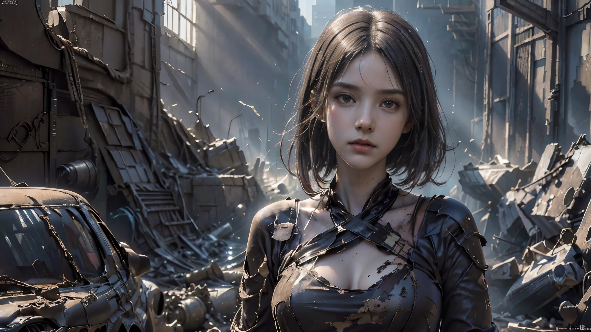 masterpiece, high resolution, 8,000,( Portrait Photos:1.5),(R original photo),Reality,Digital photography,Ruins of the Apocalypse , apocalyptic wasteland ,(desert ruins ),Dirty Girl,sentry, post-apocalyptic scene ,( upper body photography :1.howing her navel), Worn Clothes,looking into the camera,(big breasts), short hair,由Greg Rutkowski、 conceptual art by John William Waterhouse, intricate details, 8K production, high resolution , super detailed, are very popular on Artstation , Clear Focus , depth of field/1.8,