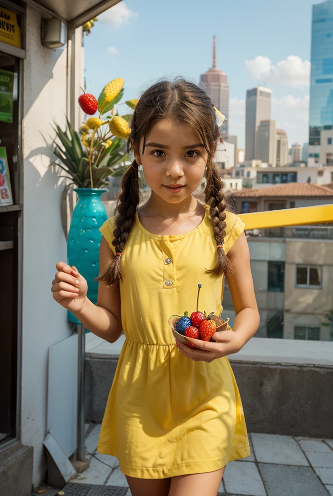 There's a blonde child girl in braids holding a bag of oranges and a bag of oranges, na frente de um fundo laranja, Editorial Oficial da Versace, modelo, teddy fresh, imagem retrato.