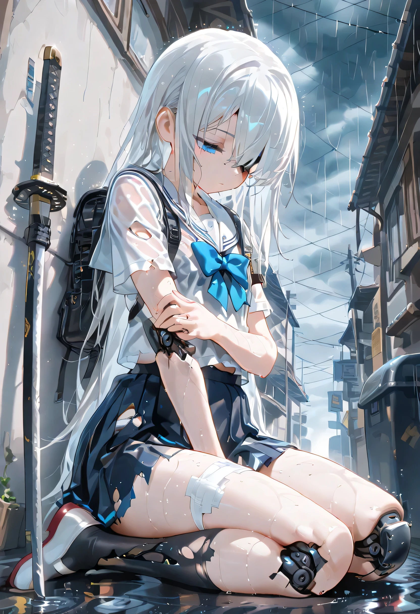 one girl, young, cute, beautiful girl, Highest Quality, ultra high definition, masterpiece,Machine Body,Broken arm,Silver-white hair,long hair,, tattered all over the body,Damaged one eye,look down,school uniform,half-closed eyes,beautiful girl with broken leg,,woundrainny,rain,wet body,wet hair,Collapsed Town,katana,torn costume