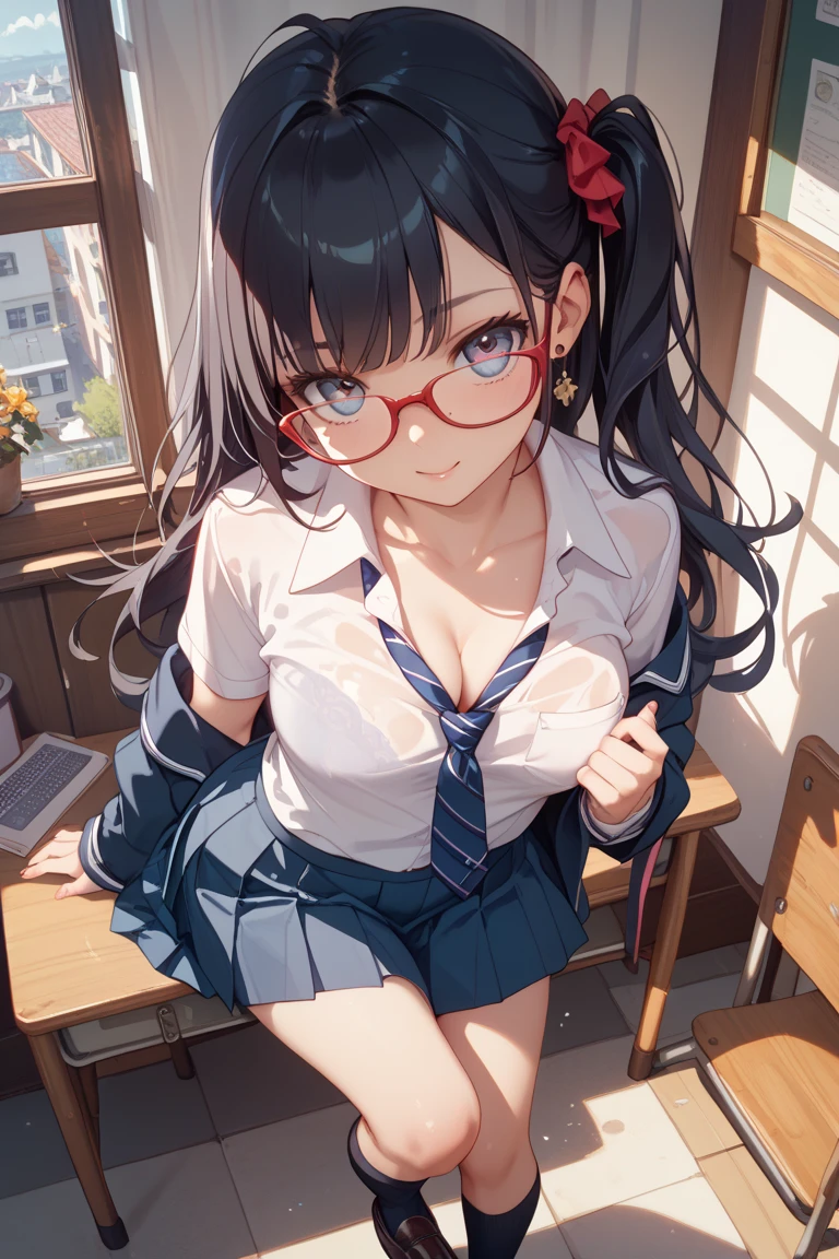 (First Person View:1.2)、front、masterpiece、Perfect hand drawing、beautifulボディライン、beautiful、 (Thick neck:1.4)、Thick body、(Broad shoulders:1.4)、(wide cleavage:1.2) (Makes your face smaller)、(Pointed Chest:1.6)、Model Body Type、(F cup breasts:1.2)、White underwear、(Pure white lace bra:1.2)、15 years old、Sharp eyes、Big moist eyes、Impatience and embarrassment:1.2、((school uniform:1.2))、A half-removed shirt and a knee-length skirt、(Face Focus:1.4)、Disheveled long hair、Glasses、(On all fours, covering the viewer:1.2)、Very detailed, Detailed Background, Cinematic lighting,(Teeth are visible)、(I can see my belly button)