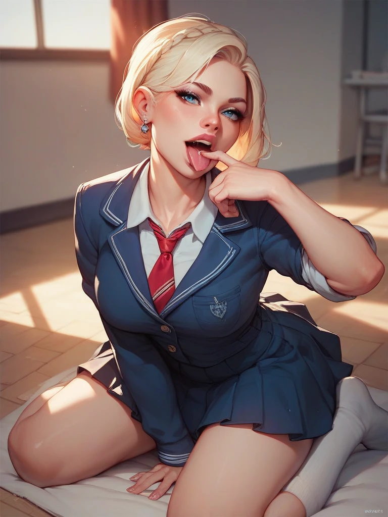 ((best quality)), ((masterpiece)), (detailed),1 girl, beautiful, short hair, blonde, school uniform, wearing sneakers, show breasts, looking at viewer, shy, blushing, open mouth, spread legs, pussy, spread pussy, dilation tape, classroom, (semen overflow: 1.1) <lora:dilationTapeLora:1>, <lora:more_details:0.6>