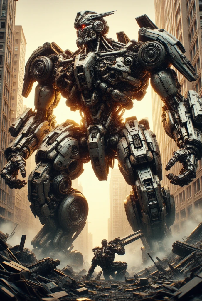 A detailed ultra-high-res detailed full body image of a damaged giant robot gundam with several combat damages, dents, broken parts, broken components, faulty, cuts, battle damages, broken parts and systems, sizzling cables, right dead eye shutdown right eye, turned off right eye, one-handed, destroyed right hand is missing, visible inner parts in damaged zones of its body, visible endoeskeleton, right blindage partially removed, impact holes in its head and chassis. deteriorated fully enclosed strong shoulder guards, worn mechanical matching arms and leg guards, full body, decayed mechanical armor, the design balances heavy with agility, metalic colors, sitting on a building, dynamic pose, trying to repair itself, on a post-apocalyptic scenario, battleground (best quality) , (masterpiece) , (detailed) , RAW Photography. HD photo, ultra-realistic photo, proffesional photographer camara, 8k, 16k, high quality photo, intense warm Color tones. mechanical, mech, biomechanical, cybernetic, robot, bionic, realistic, science fiction, sci-fi movie shot