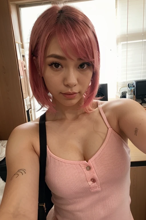 Make me korean, attractive, updo hair, pink hair, selfie