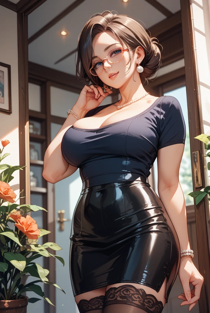 Only one european woman, There's an adult woman in a park, wearing Summer Dress, Glasses, Dark Hair, Ponytails, beautiful chest, Massive boobs, Clivage, Second life avatar, Beautiful screenshot, Second life,, full body view, Front view, seductive woman, high quality, Very detailed skin,