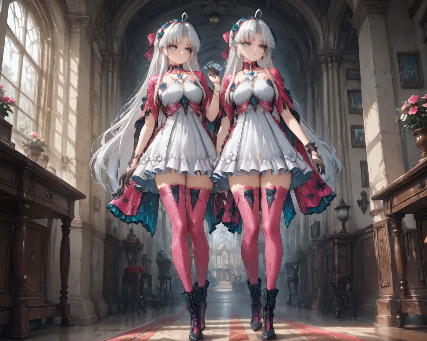 (masterpiece, best quality:1.2), solo, 1girl, striveelphelt, :d, teeth, looking at viewer, waving, ahoge, hairband, jacket, dress, fingerless gloves, thighhighs, spiked collar, spiked bracelet, outdoors, (2heads:1.5)