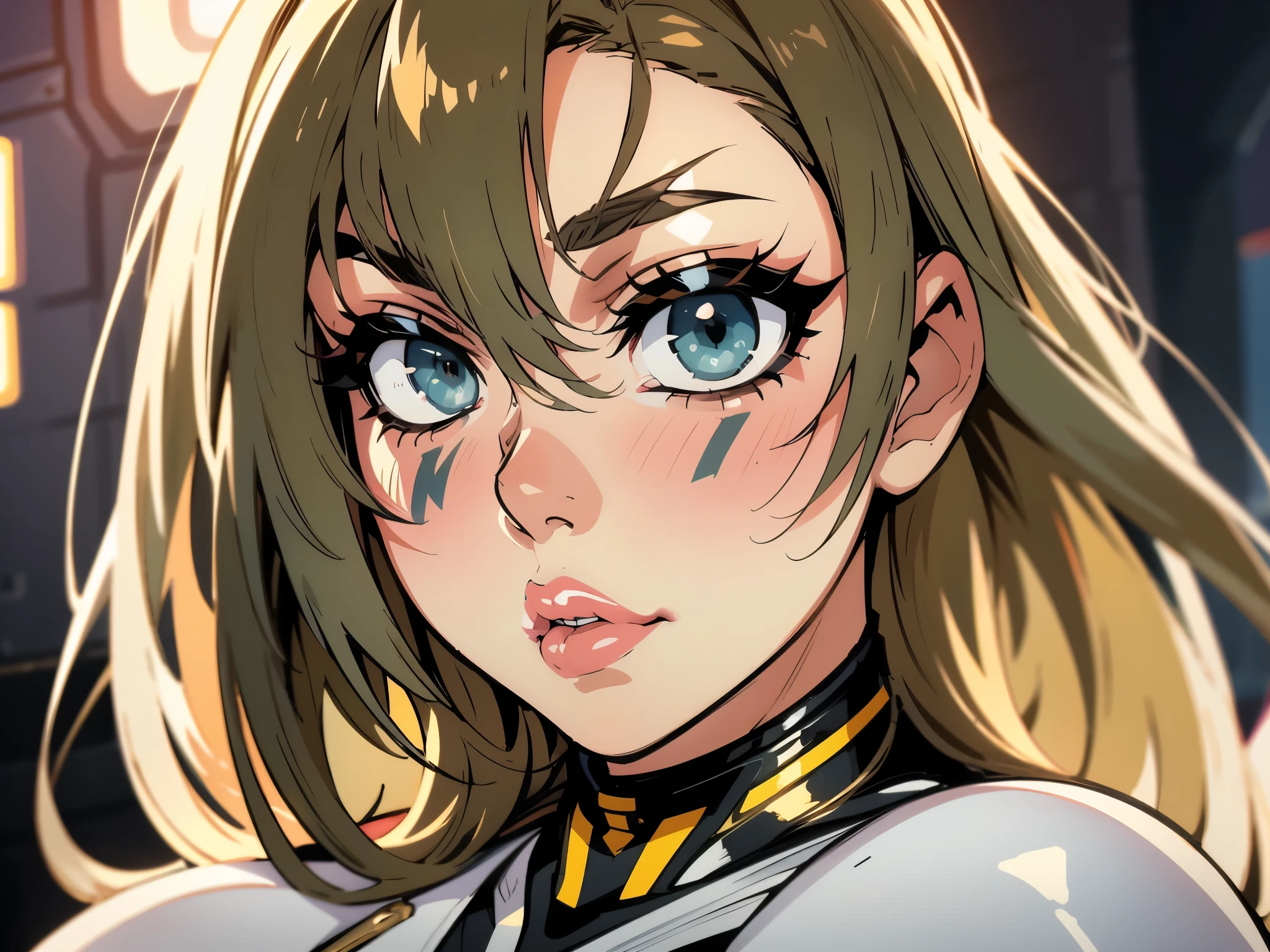 masterpiece, best quality, a beautiful woman with long shiny hair, choppy bangs, delicate face, passionate gaze, perfect smille, blush, seductive expression, tall and fit figure, perfect body, perfect skin, seductive pose, sexy Futuristic Technological Nanogel Clothing, the color scheme is primarily White with Green accents, this character embodies a finely crafted sexy beauty, exquisite and mature art Style, mikoyan, anime aesthetic, simple shading, cell shading, goddess, feminine, exquisite photography, depth of field, bokeh, photorealistic, even and soft lighting on face, dramatic, high definition, highres, ultra detailed, professional photo, perfect body proportions, anatomically correct, symmetrical face, extremely detailed eyes and face, perfect eyes, high quality eyes, creativity, RAW photo, UHD, 32k, portrait lighting, cinematic lighting, (masterpiece-anatomy-perfect:1.2)
