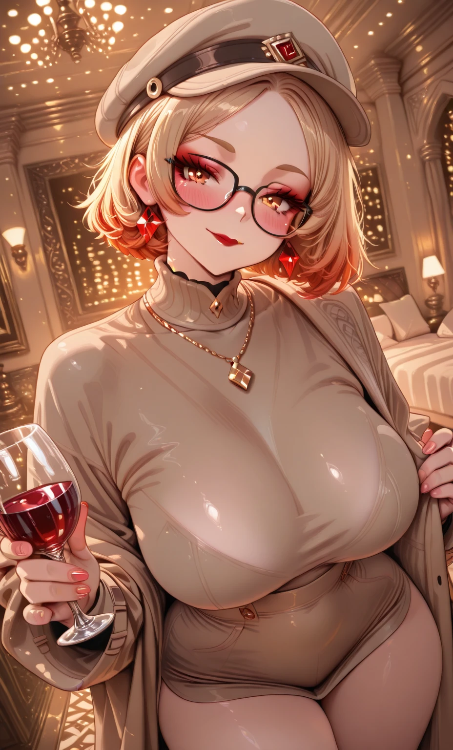 ((best qualityer)), ((work of art)),((detailded)),milf, stepmom, adult, short blonde hair tied up, crystal green eyes, big boobies, Casual shirt, short black dress, black boot, cross legs, Having a glass of wine, livingroom, sitting not sofa, ((rich in detail)), mischievous smile for the viewer, shirt falling off the shoulder, The lighting is a bit dim., ((natta))