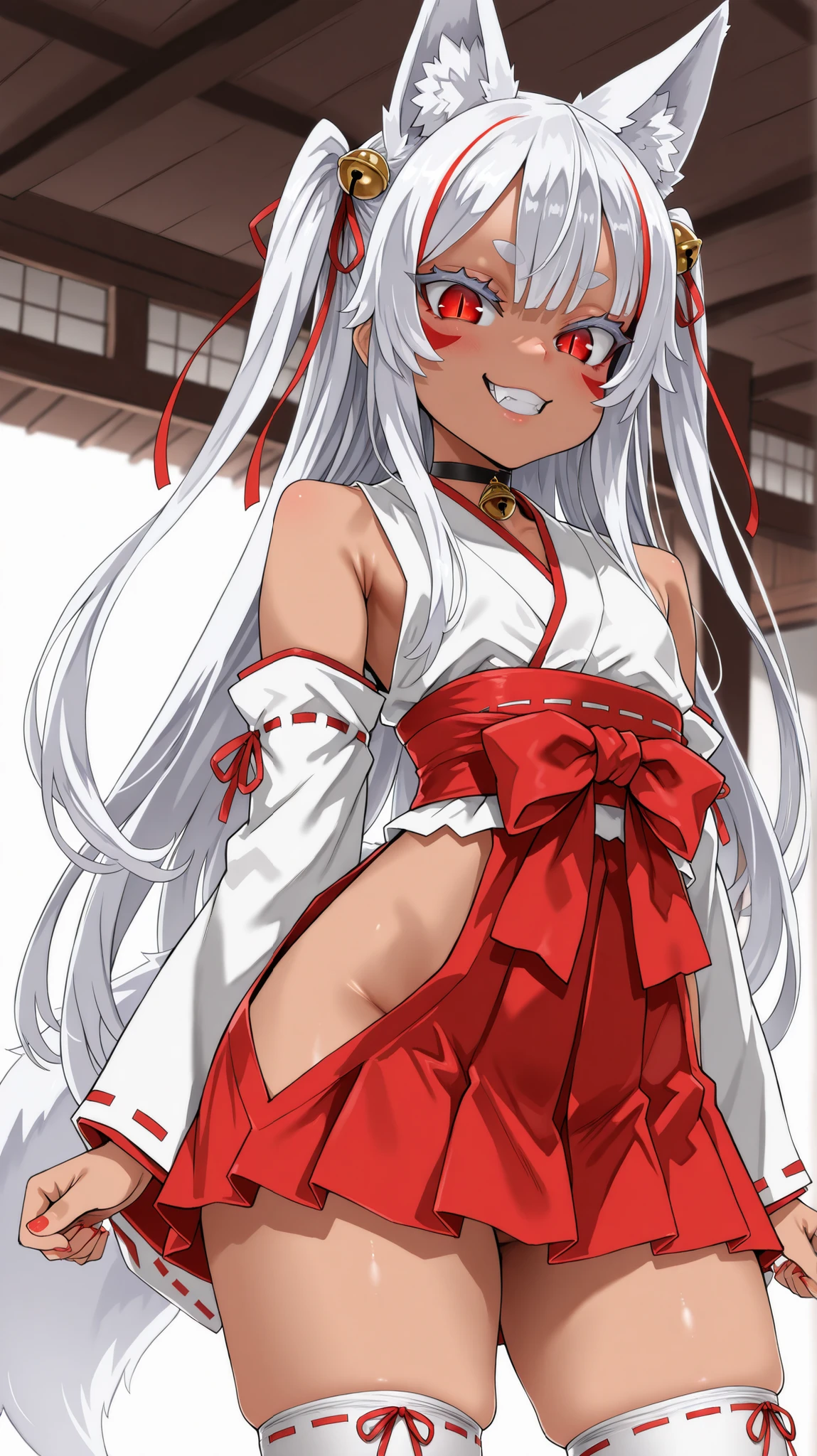(best quality, highest quality:1.2), masterpiece, Ultra-high resolution, rich contrasts, HD, 8k, fine skin, no makeup, ideal ratio body proportions,
1girl, anime girls, asanagi style, mesugaki, dark skin, tan, red eye, slit pupils, ((white fox ear, white fox tails)), Wicked Smile, evil grin, fang,
very long two side up, white Hair, thick eyebrows, red highlights hair, Hair ribbon bell, bell choker, bimbo, ((dim body)), flat_chest, (facial mark),
nontraditional miko, bare shoulders, miko, red obi sash, red short skirt, skirt cutout, shirt in, thighhighs, ((no panties)), red nail, red facial mark,
looking at viewer, lewd, cute, big eyes, ero, ecchi, ceiling,
Score_9,Score_8,score_7_up,source_anime, rating_questionable, white background