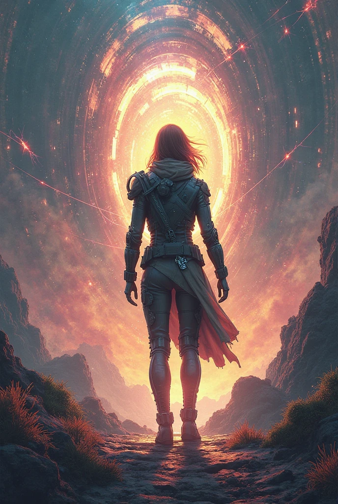 Best quality, masterpiece, realistic, 4k, absurdres, cinnamatic lighting, scifi, Neon light, glowing, dynamic angle, Unlimited Blade Works,dark asthetic environment, offworld run down panet outpost , evening twilight, 3 planets in the night sky , stars, celestial body, futuristic, overlook, city down in valley below, 1 girl, from behind,(silhouette:1.2),looking back over shoulder, Environmental scifi body suit, holding a scifi sword in hand held off to the side,(( long red scarf blowing on a strong wind from the right)),(rim light:1.2), (back light:1.2), Crepuscular Ray <lora:Elsa:0.8> ,<lora:mecha_offset:0.6> ,<lyco:UnlimitedBladeWorksV1:0.7>, DarkFantasy,