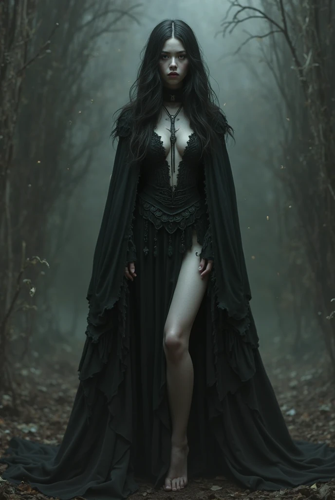 Draw a black mage witch woman dressed in black who is scary with a long dress that touches the ground torn with long fingers, close face and with horns on her head