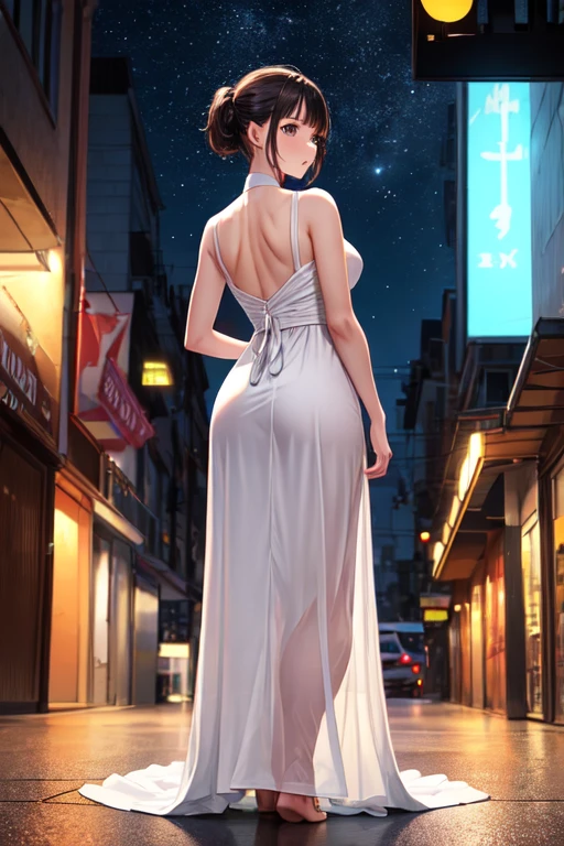 (masterpiece、top-quality、hight resolution、Unity 8k Wallpaper、extremely details CG:1), The focus is on the back of the prostitute leading the way through the nighttime entertainment district, and her figure is the star of the show. She walks confidently forward, not looking back. The camera is from the perspective of a man walking behind her. A sexually attractive and seductive back view. nsfw, The clothes of a prostitute. nsfw, Transparent backless dress, upper body