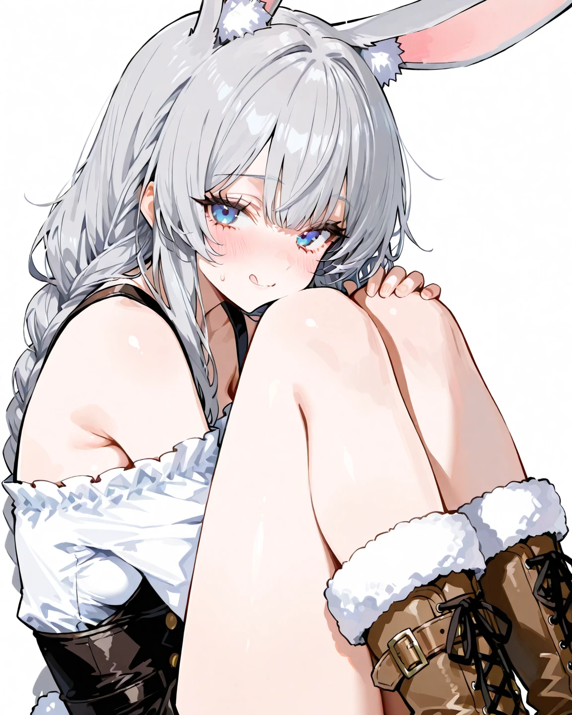 Anime: Girl. 1 girl. Cute girl. . Slave. White hair. Long hair. Blue eyes. Beautiful eyes. Slave collar. Shackles. Dirty tunic. Torn tunic. Dirty panties. Torn panties. barefoot). (Cold: Runny nose. Wants to sneeze. Needs to sneeze. Very desperately wants to sneeze. Sneezing. Sneezing. Snotty sneezing. Snot flows from the nose when sneezing. Nasal mucus. Handkerchief. She sneezed. She sneezed with snot spraying out of her nose. Covers her nose hand. Blows his nose). (Urinary incontinence: Wants to pee. Needs to pee. She pees under herself, pees in her panties, crying, very desperate to pee, she peed herself, urine runs down her thighs to the ground). (Diarrhea: Wants to poop. Very strong desire to poop. She needs to poop. She poops under herself, poops in her panties, she craps herself. The poop comes out of her butt in torn panties and poops on the ground). (The girl sneezed, peed and crap herself while standing, cover her nose with one hand and blow her nose, and the other tightly covers her crotch). (Hand with a handkerchief near the face, hand between the legs). (Shaded face, desperate, worried, sigh, blush all over face, embarrassed, looking: 1.5), (Ultra detailed face, Best quality: 1.5), (From Side) (8K, ultra-detailed, Best quality, anatomically perfect body:1.5), (small breasts:1.2), (shiny skin), (ever tall, full body, standing, (Standing sneezes, pees and poops.) (NSFW, sneeze fetish, Urination, pee, pissing, pining, scat). Standing at full height. Standing poop.