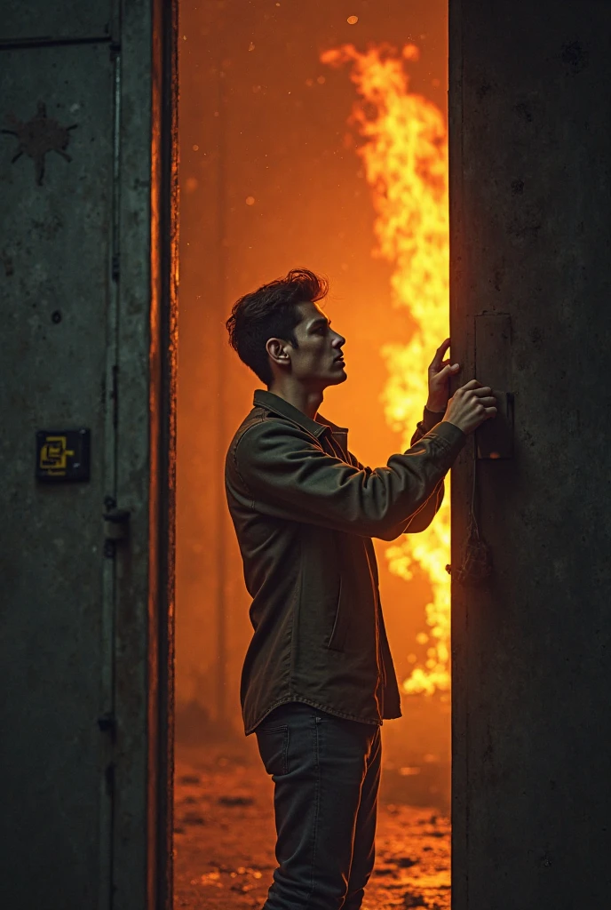 a Adult boy is on fire,sad,depresed,standing,no feelings,