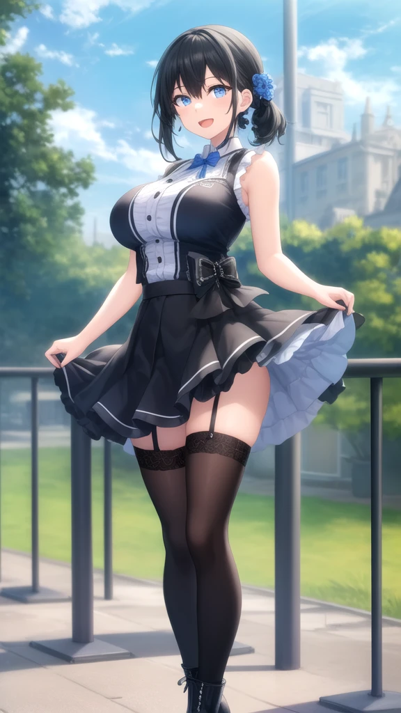 masterpiece, best quality, highly detailed, ultra high res, aichan, large breasts, 1girl, solo, blue eyes, hair ornament, short brown hair, braid, glossy lips, sleeveless idol dress, very puffy skirt, flared skirt, thigh highs, high heels, full body
