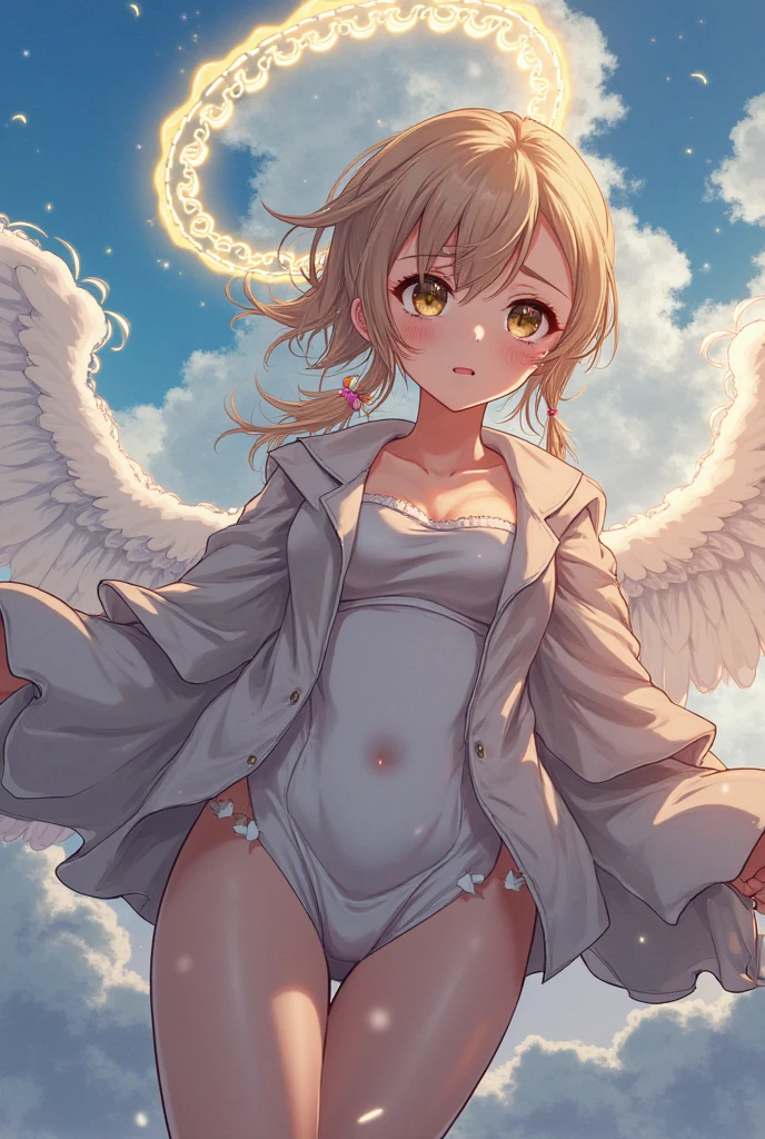 (((nsfw))), masterpiece, 8k, Girl, Small breasts, 12yo, Angel,Lightの羽, Sky, Light, god々Shii, まぶShii, Blonde, ((nipple)), Surprise, Changing clothes, Association