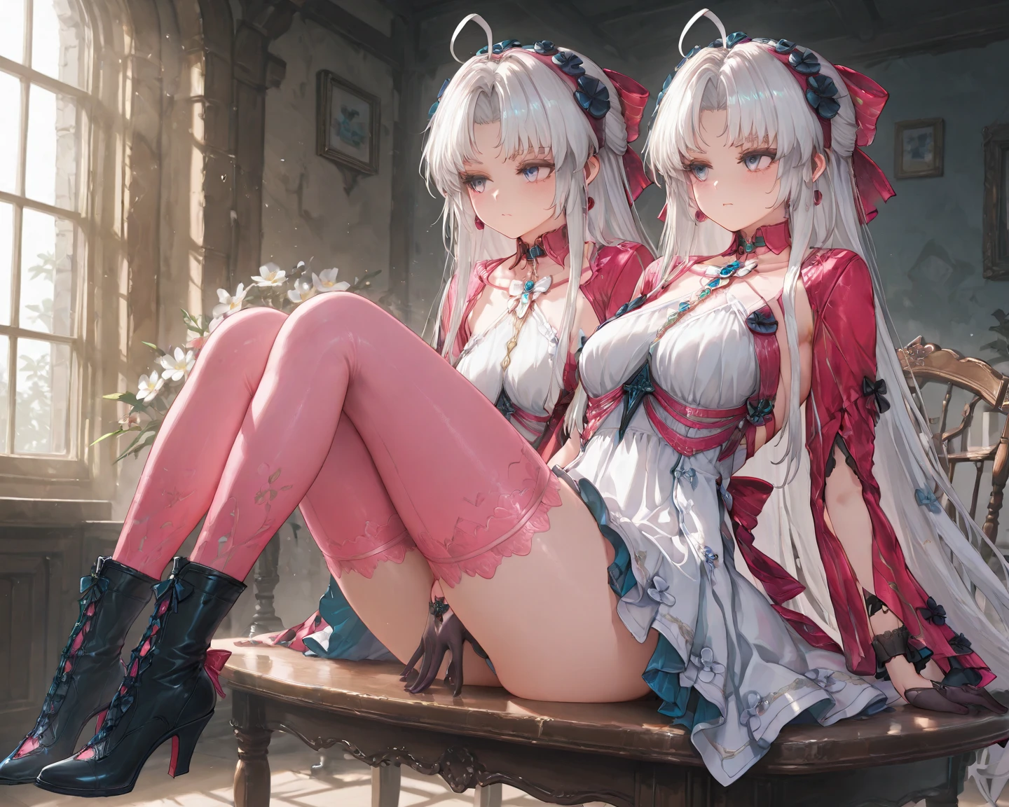 top quality, 8k, masterpiece, white hair, g Top quality, 8k, masterpiece, white hair, g top quality, night, dim lamp, bed, masterpiece, white hair, golden eyes, white cheongsam, medium hair, volume perm, open dress, miniskirt, cleavage, sitting down, No panties, pubic area exposed, hard nipples, legs open, looking at the ceiling, mouth slightly open, drooling a little, fair skin, white breath, side braids, red face, shot from below, blurry background