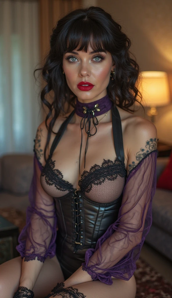 gothic photo, human skull, skeleton, with a hole in the forehead, black corset, deep cleavage, black thong