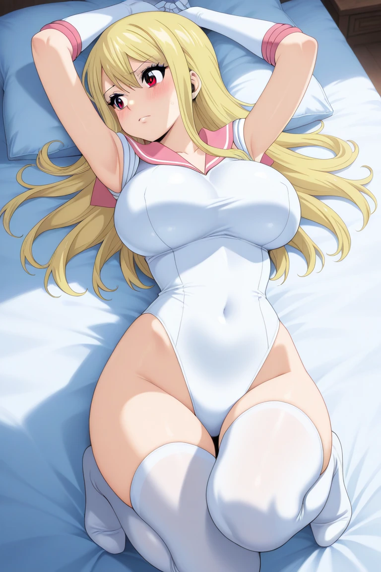 Airi Akisuki, topless, panties, pink panties, White background, arms on his own nipples, wearing black stripedsocks, ((pink striped) thigh high socks),, full body, bed, lying on the bed, sexy legs, beautiful naked girl wrapped in a red gift bow, dakimakura,