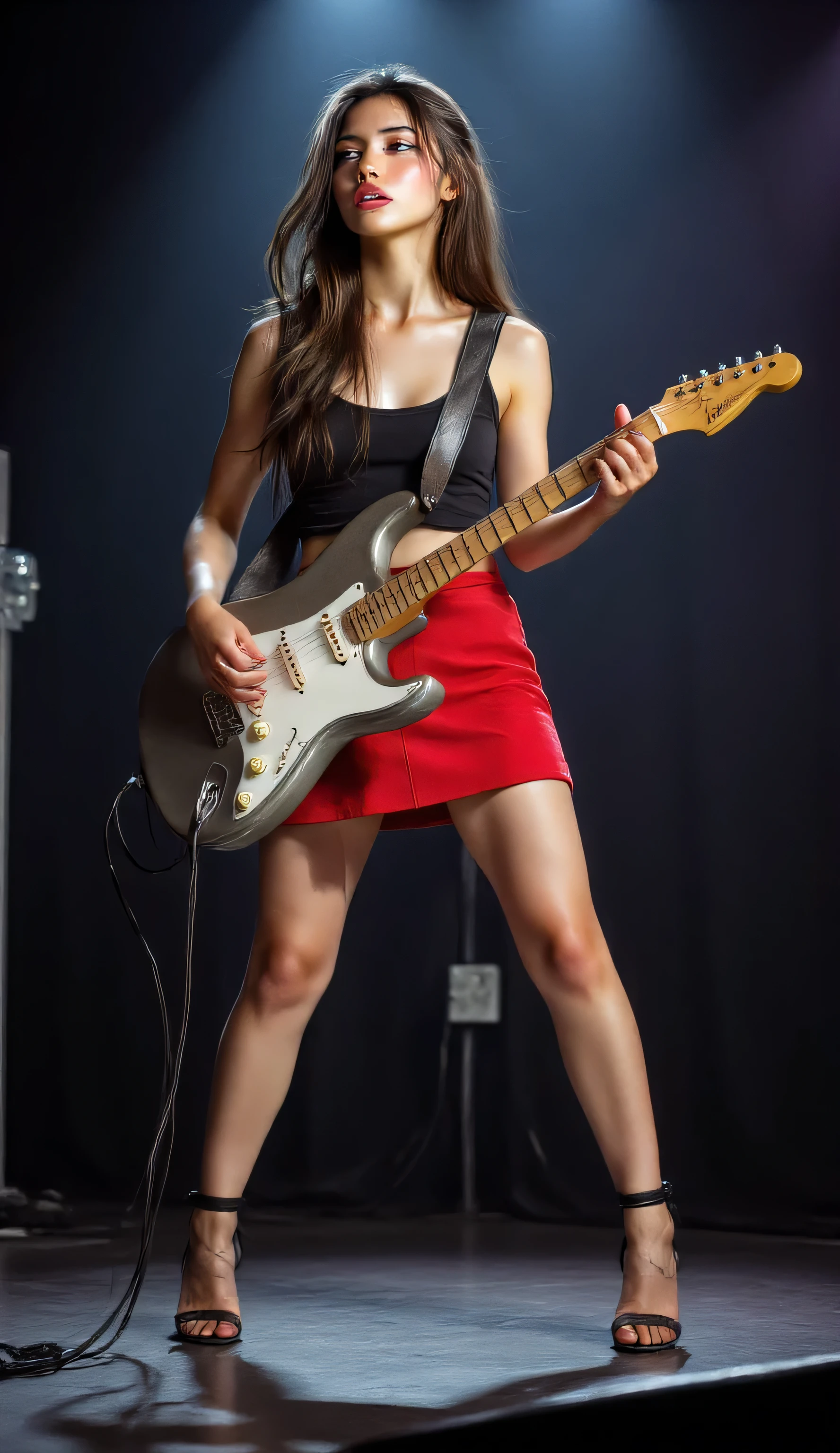 a pretty girl in red short skirt is singing and playing electric guitar on stage, no people