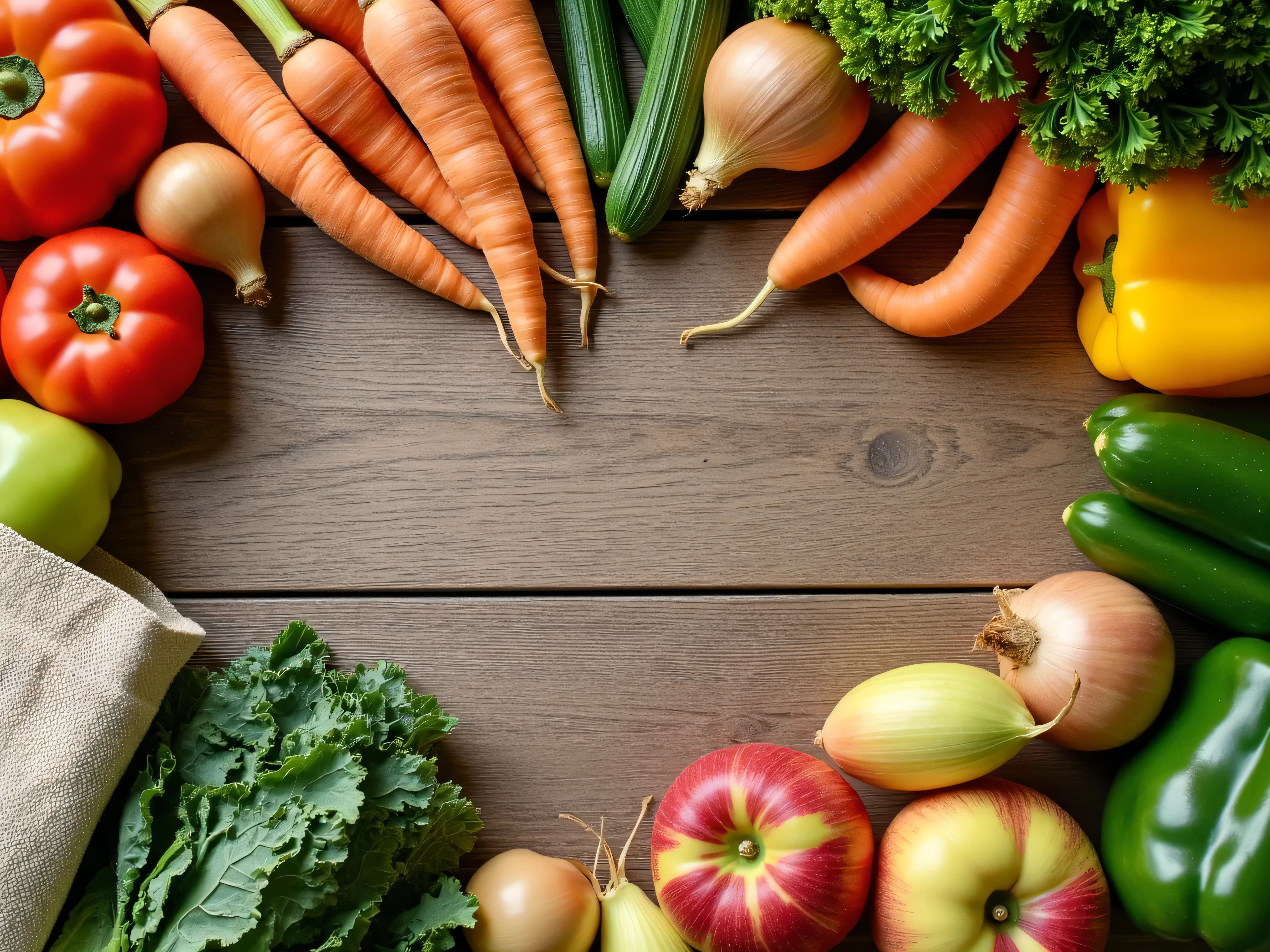 A rustic wooden table top tops the table with a mix of fresh fruits and vegetables in vibrant colors. Including tomatoes, carrots with green tops, peppers, cucumbers, onions, apples, peaches, and greens like kale and spinach. Several reusable canvas bags or crates are also included, evoking a healthy food feel. Natural light and earthy colors highlight the freshness.