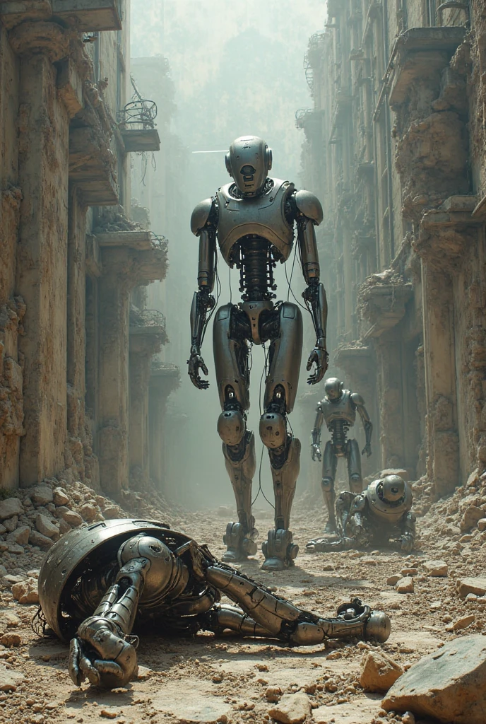 (Masterpiece.UHD.photorealistic analog photography. 1950 style. Full body shot). In a dystopian retro futuristic world. inside a 3 meter tall exo skeleton armor, a tired warrior. His face shows emotions such as fatigue, sadness and fear. Wires, tubes, diesel punk. Smoke. Steam. surrounded by 1930 clunky evil war robots. early evening light.
