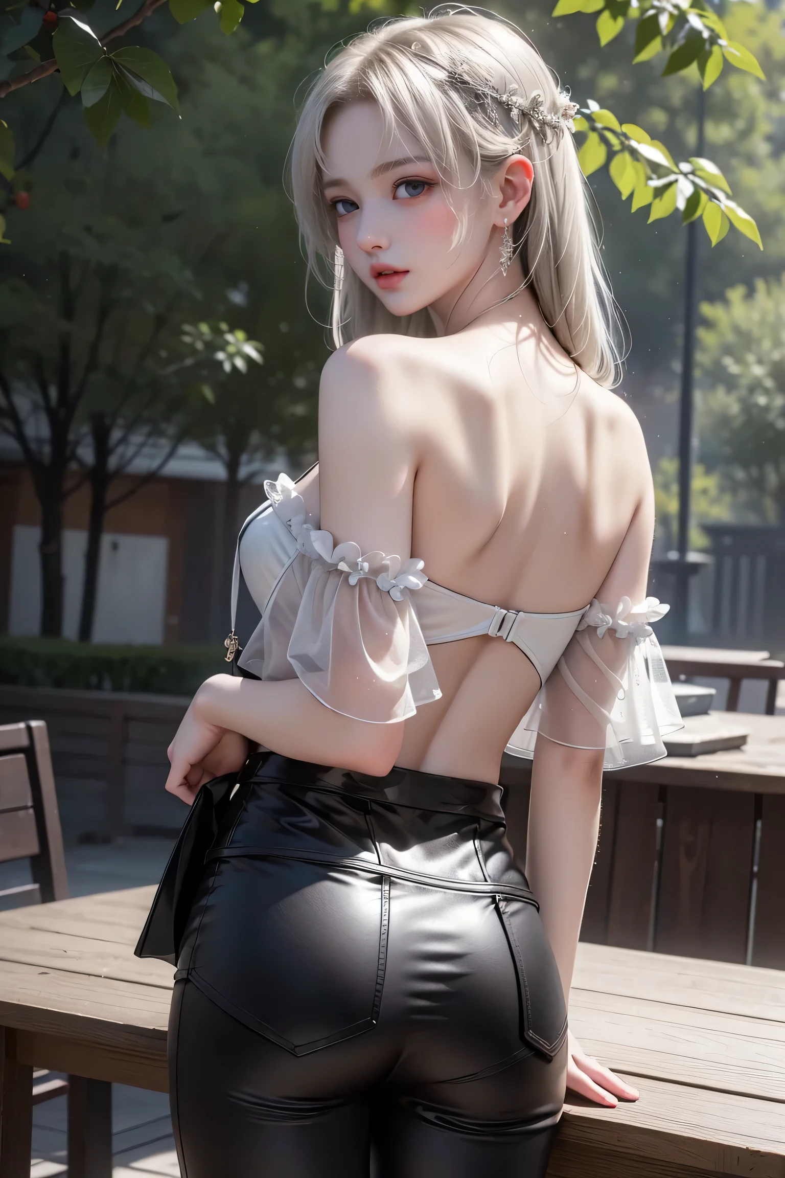 ((circuit、Standing in front of a car))、 ((One-shoulder black leather pantsuit))、((Black leather tight mini skirt))、(Black T-back pants)、(Back view)、(look back),High-quality work、Live-action work、Ultra Premium Graphics、8K HD CGワークス、High Quality Graphics、High-definition CGワークス、10 times pixel、Ultra-fine details:1,2,3,4,5,6,7,8,,10 times。 High-definition CG、10 times pixel、Ultra-fine detail:1. 1,Advanced Technology:1.1. PhotoReal,Natural light:1.5、((Golden white short hair)、((sports car))(Bob Hair)、Thin eyebrows、High nose、Clean red lips、Rose Cheeks、Subtle makeup face、Cute Face、Perfectly balanced face、A light-toned foundation enhances the clarity of your skin.、((mix4、Race Queen))。40k, photograph, On the table, Highest quality, Rain Background, ((1. Beautiful eyes and light hair, White skin, Mr.々A pose, (Medium sized chest,:1.1), Highest quality, On the table, Ultra-high resolution, (Real:1.4), RAWphotograph, (Perfect figure), (slim:1. 3), Slim abdomen, Perfect slim figure, Dynamic Pose, one person, Cold light 12000K, The texture of the face and skin is very fine, Fine grain, Realistic eyes, Beautiful fine grain, (Real skin), charm, Ultra-high resolution, surreal, Very fine, Very fine,Top quality work、Authentic works、Ultra Premium Graphics、8K HD CG Works、High quality graphics、High-definition CG work、10 times pixel、Ultra-fine detail:1.1、Advanced Technology Details:1. 1 Photo Authentic、(Little walking in the park)Natural light:1.5.Light effects(Virtual Light effects:1.8)、Wet Long Silver Hair、Silver Hair、Transparent Hair、Highly detailed hair(Premium Hair Detail:1. 1)Clear Eyes、Beautiful double eyelids、Sharp eye makeup、Delicate eyelash makeup、Thin eyebrows、Eye on the details、High nose、Nice red lips、Rosy Cheeks、Delicate Makeup Face、Cute Face、Perfectly balanced face、(High-end sports car),