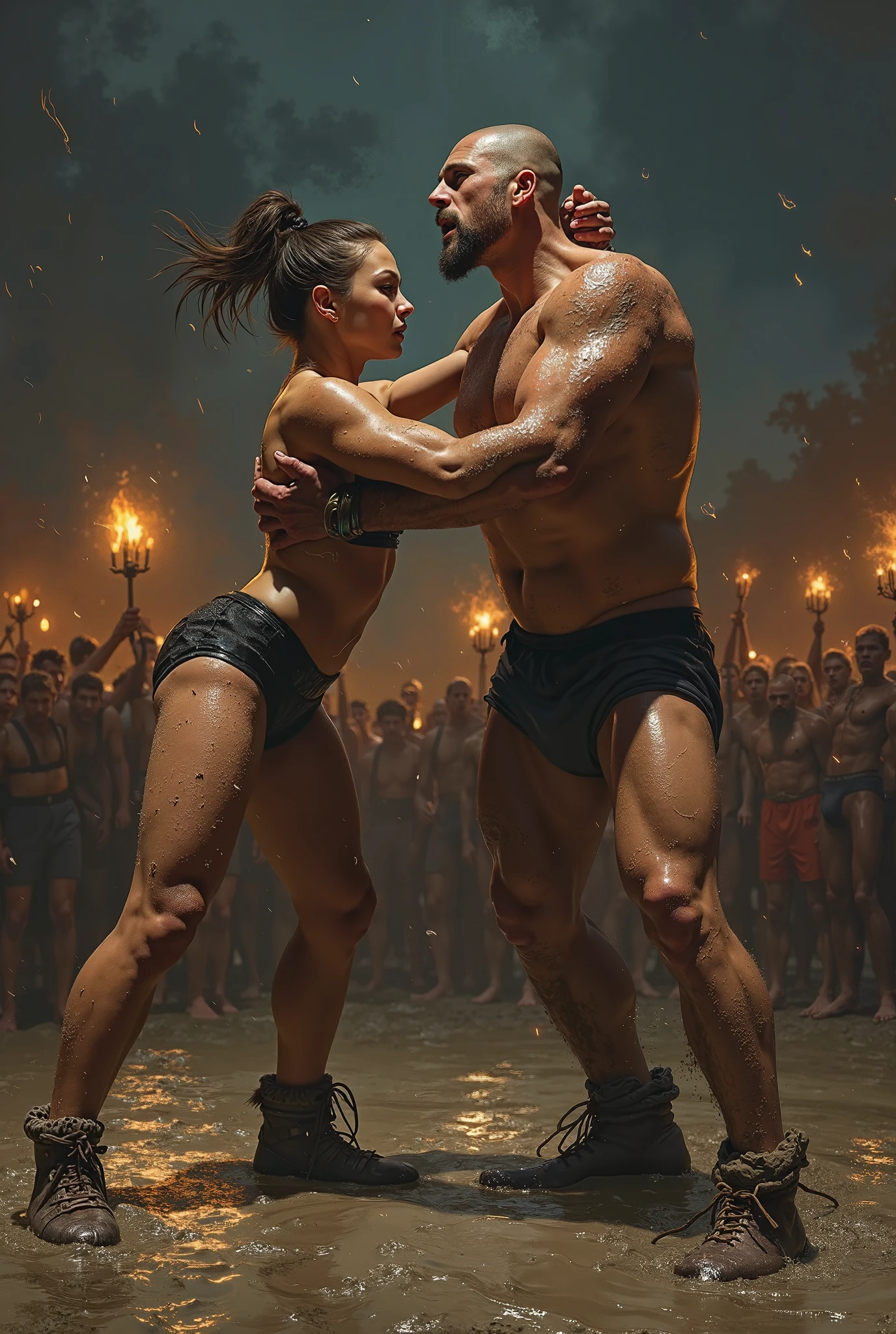 A Man in Pants and a Blouse and a Woman in White Skin with Some Muscles Wearing Glasses, Curly Hair Tied Up, Shorts and a Tank Top Fight Wrestling in an Arena with Ancient Architecture with 2 or 3 Statues of People 