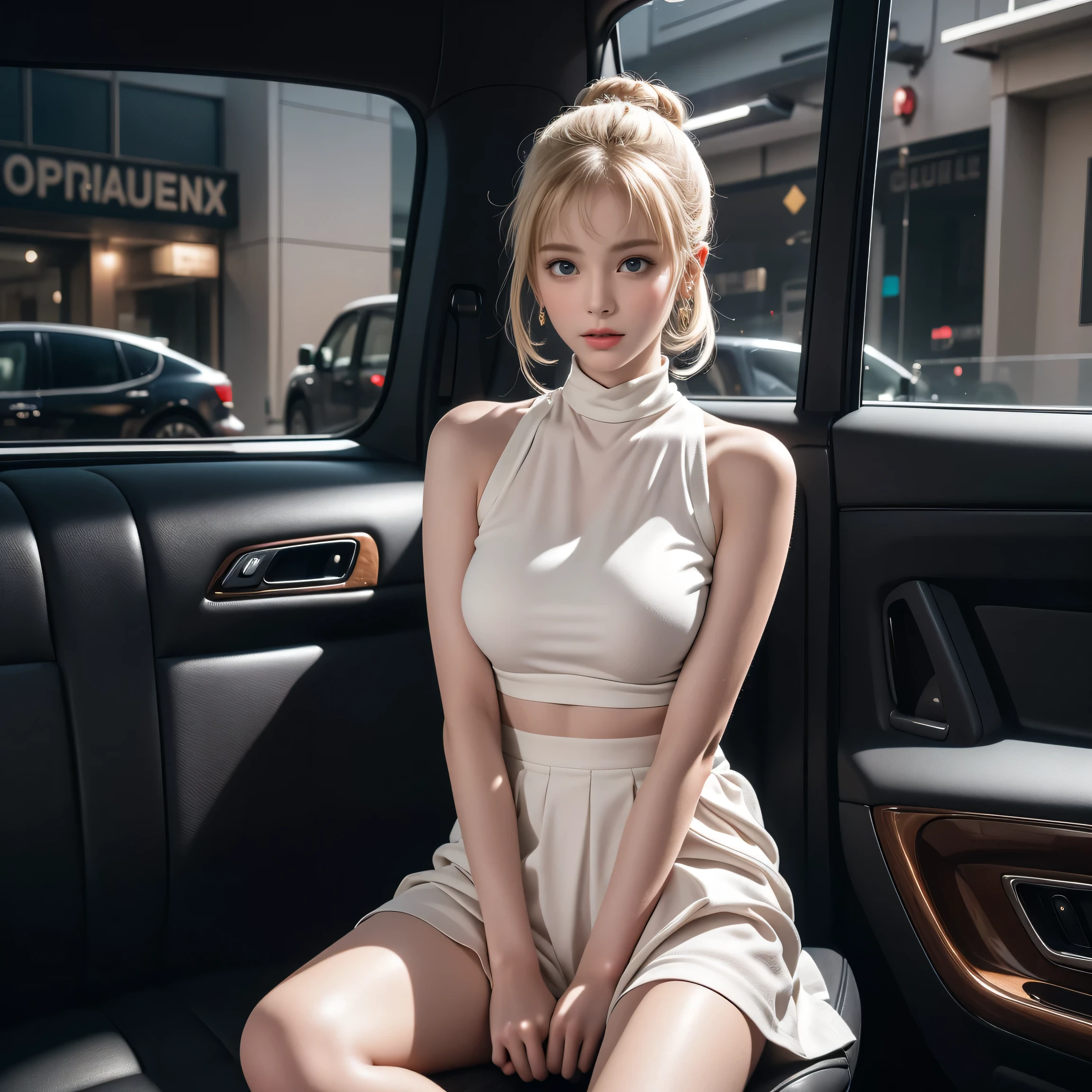A blond young sexy woman with short hair and hot clothes sits on a seat in a spaceship and the window can show beautiful star, ((masterpiece, best quality, extremely detailed), volumetric lighting, ambient occlusion, colorful, glowing), 
1girl, solo, 