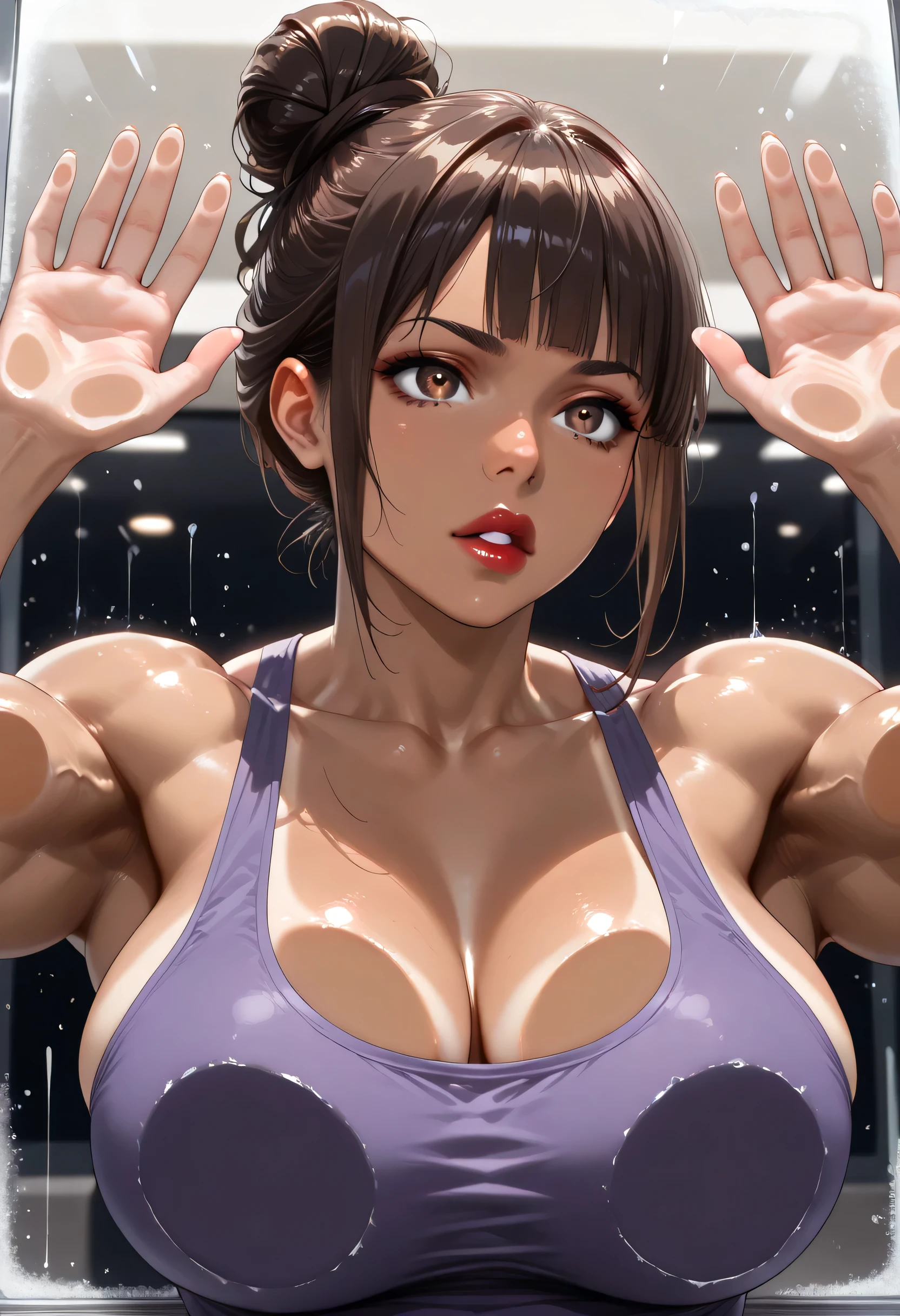 (colored skin, tan skin tone), woman, (perfect face), detailed pupils, (long brown hair tied in a high bun and bangs), black thin eyebrows, brown eyes, purple eyeshadows, black eyeliners, nose, dark red lips, thick lips, parted lips, tank top, purple tank top, one off-shoulder, ((muscles)), ((large breasts)), ((on glass, hands on window))