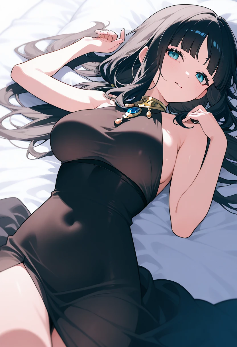 ,seductive Anime Girls, beautiful alluring Anime Women, Beautiful and attractive anime teen, beautiful Anime Women, attractive Anime Girls, beautiful Anime Girls, Smooth anime CG art, (Anime Girls), Long Hair, Anime Girls, Anime Women, Highly detailed art gems、After bath、Lying on your back、Lying down、Elevate your legs、Lightweight lace sleeveless、Sheer miniskirt、Perfect clothing for the skin、Thighs、Large Breasts、Ample breasts、Deep cleavage、just out of the bath、Embarrassed、smile、bed、Black Hair、はだけたThighs