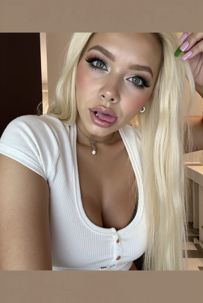 Blonde woman with long hair and blue eyes selfie long platinum blonde hair and big eyes, sexy, breasts naked