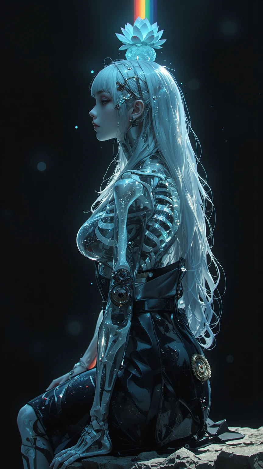 Close-up of a woman with a skeleton body and horns, with glowing red eyes, with red glowing eyes, holy cyborg necromancer girl, beautiful necromancer girl, skullgirls, cyberpunk skeleton, with red eyes, cyborg - girl with silver hair, beautiful white girl cyborg, Cyborg girl, seductive cyberpunk dark fantasy, Cute cyborg girl