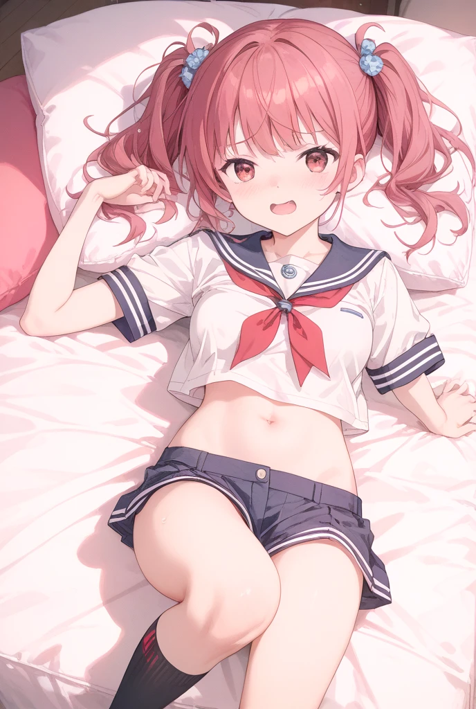A girl with small ,Little Loli,Primary school students,cute,Kawaii,Very transparent,(see-through sailor suit|1.2),Showing belly,bedroom,Lying in bed,spread legs,hug,