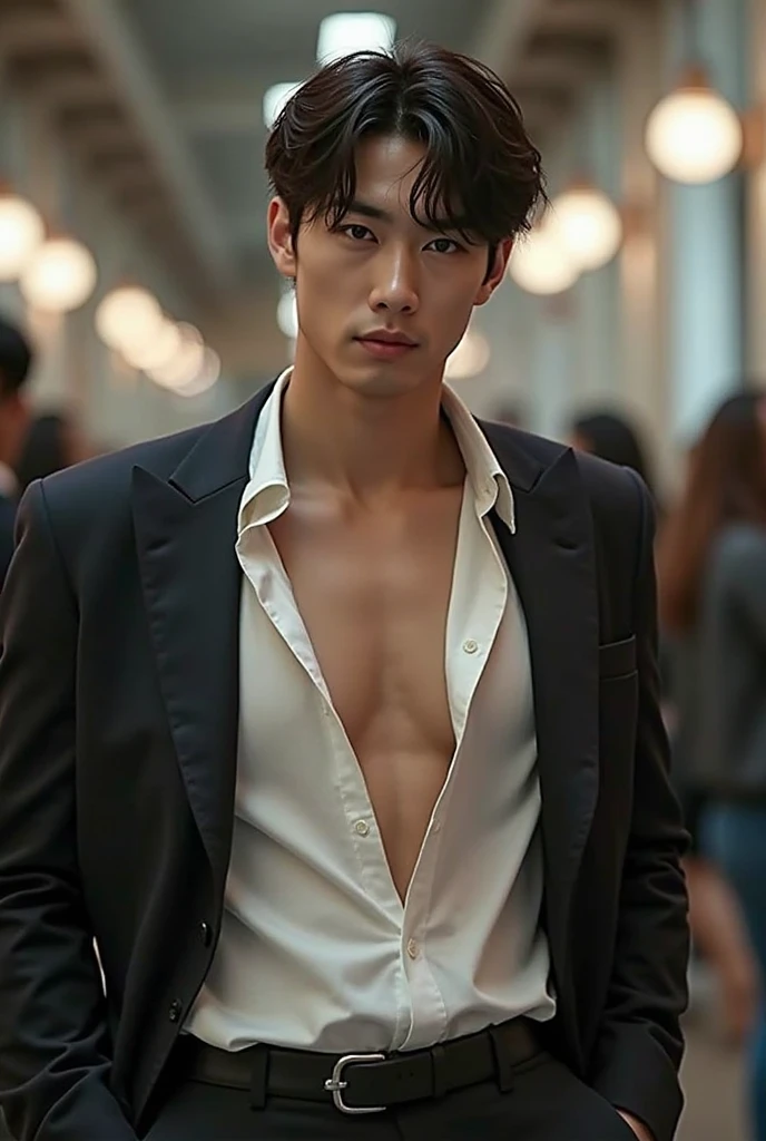 Handsome korean man. 24 years old, prisoner, look at the camera, (Orange prison uniform)portrait,dramatic shadow,Ray tracing, Best quality, Cinematic lighting, Extremely detailed CG, 8K wallpaper,Complicated.showing his chest . In the jail