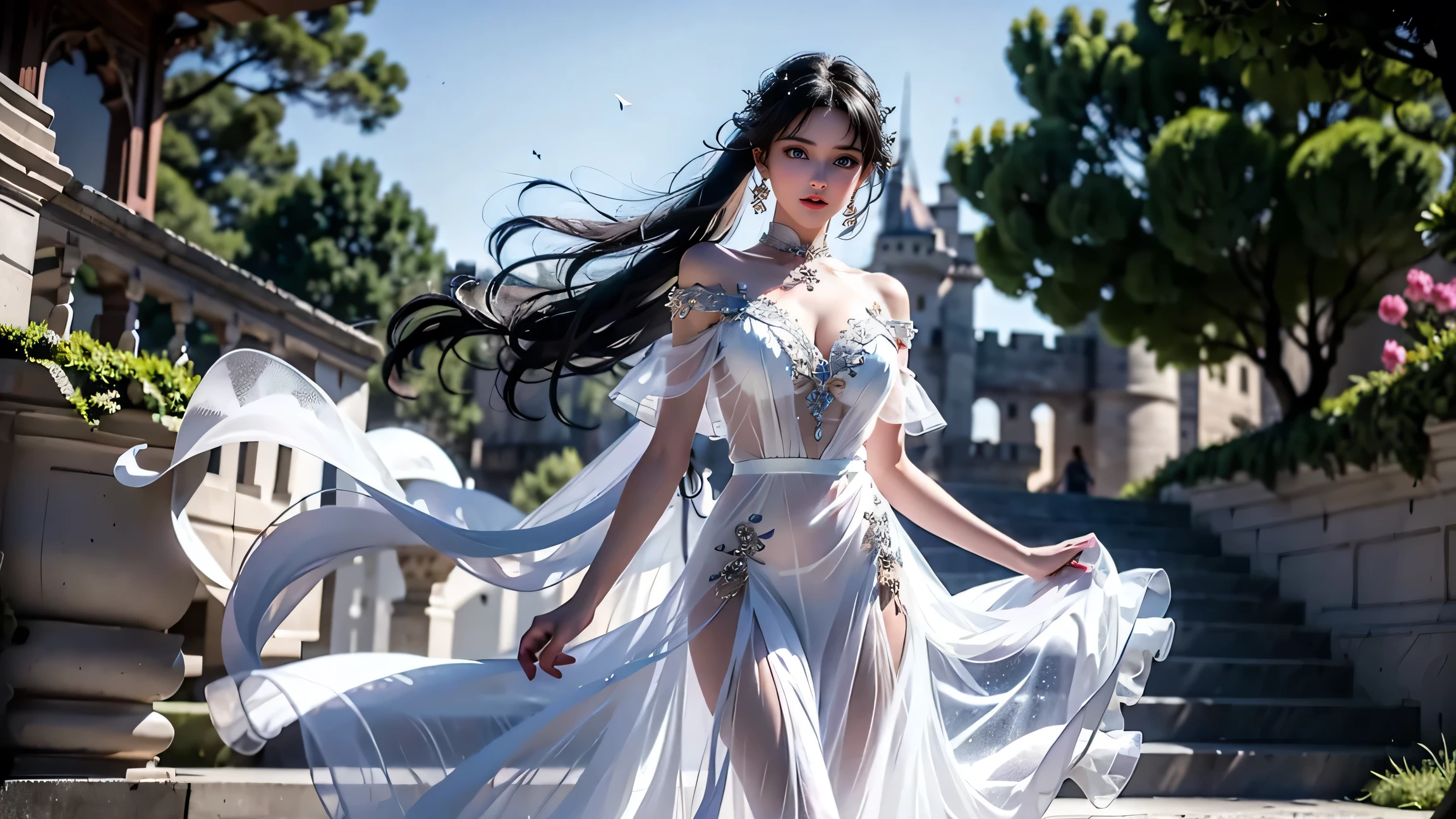 ((Girl standing in front of the wall of an old castle))、Fluorescent color、1 girl、Looking to the side、Beautiful face、Beautiful eyes、（Off the shoulder：1.2）、Upper Body、Shiny Hair、Glowing Skin、 Reduce glare、The proportions of the fingers have been adjusted、Escrow、ass pov、Dynamic Angle、(((Master part)))、(((highest quality)))、(((Super-detailed))) detailed）、（An illustration）、（Detailed light）、（Very delicate and beautiful）、Dramatic_Shadow、Ray_Tracking、reflection、 Ultra-high resolution、((A girl with colorful hair and mesh in her black hair))、 Her hair flutters in the wind、(Large deep blue eyes)、Black Haired Woman、 Sparkling Butterfly、Black-haired woman、Points of light around the woman、Magical Aura、Green dot、Aura About Natural、超Magical AuraBlack-haired woman,((濡れた白いオープンショルダーのドレス:1.3))、(No sleeve)、((My skirt is flying up in the wind)),((An old European castle is hazy in the distance)),((White panties are visible)),