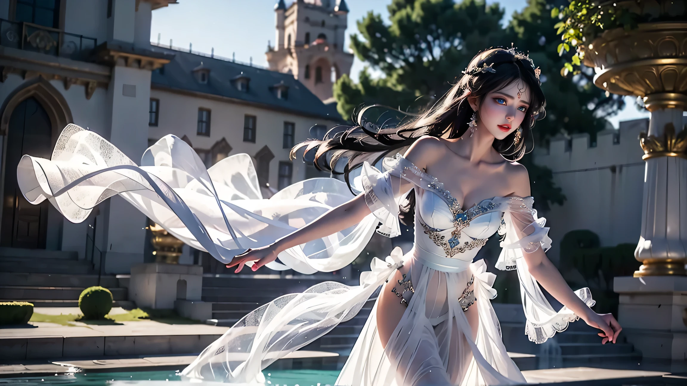 ((Girl standing in front of the wall of an old castle))、Fluorescent color、1 girl、Looking to the side、Beautiful face、Beautiful eyes、(Off the shoulder:1.2)、Upper Body、Shiny Hair、Glowing Skin、 Reduce glare、The proportions of the fingers have been adjusted、Escrow、ass pov、Dynamic Angle、(((Master part)))、(((highest quality)))、(((Super-detailed))) detailed)、(An illustration)、(Detailed light)、(Very delicate and beautiful)、Dramatic_Shadow、Ray_Tracking、reflection、 Ultra-high resolution、((A girl with colorful hair and mesh in her black hair))、 Her hair flutters in the wind、(Large deep blue eyes)、Black Haired Woman、 Sparkling Butterfly、Black-haired woman、Points of light around the woman、Magical Aura、Green dot、Aura About Natural、超Magical AuraBlack-haired woman,((Wet white open shoulder dress:1.3))、(No sleeve)、((My skirt is flying up in the wind)),((An old European castle is hazy in the distance)),((White panties are visible)),アーガイルパンティストッKing, Hands on the head, Underarm, High Heel Wrench Pointed Toe Heel:1. 3、White skin、8K、((Lift your legs higher)),(I can see her panties),((Leg spread、Y-shaped balance))King、((Translucent white、gray、Body angle of brown fine patterned long dress)、Hands on head、Underarm、High Heel Wrench Pointed Toe Heel:1. 3、White skin、8K、((Lift your legs higher))、(I can see her panties)、((Leg spread))、((Y-shaped balance))