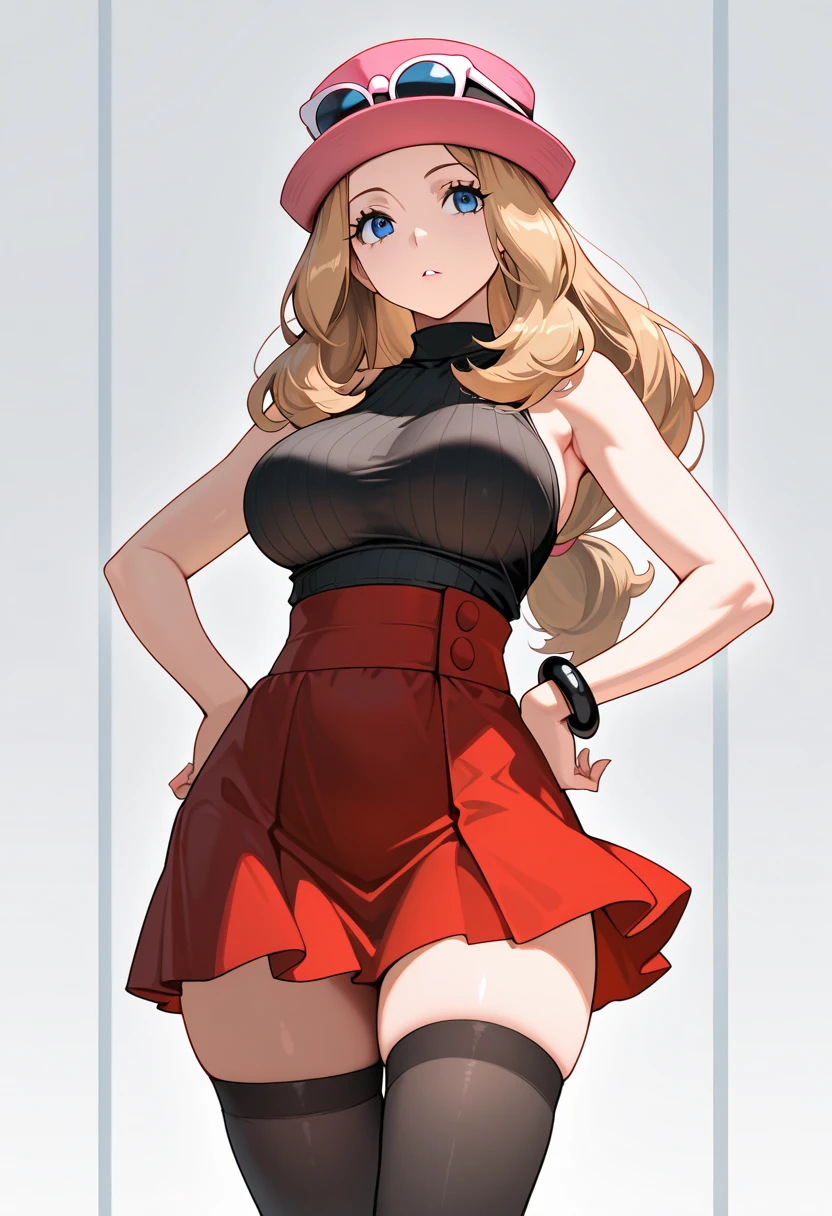 score_9,score_8_up,score_7_up,source_anime,1girl,solo,serena,skirt,long hair,sleeveless,hat,shirt,sleeveless shirt,red skirt,eyewear on headwear,thighhighs,pleated skirt,blonde hair,breasts,collared shirt,black thighhighs,black footwear,crossed legs,sitting,<lora:Serena_Pony_XL_r1:0.8>, crossed legs