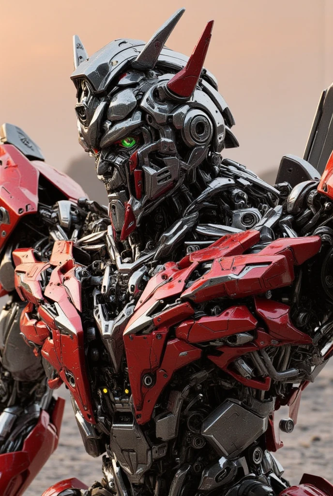 A detailed ultra-high-res detailed cuerpo completo image of a damaged giant robot gundam with several combat damages ( mechanicsanical moving parts, parts of the vehicle of your exoskeleton, like wheels and windshields, like a Transformer), dents  , broken parts, broken components, defective, Cortés , battle damage, broken parts and systems, crackling cables, dead right eye, right eye turned off, right eye turned off, a hand, destroyed right hand, falta. strong and fully closed shoulder protectors,  mechanicsanical matching arms and leg guards, cuerpo completo, full  mechanicsanical armor, : the design balances heaviness with agility,  metallic colors , dynamic sitting posture, trying to repair itself, in a post-apocalyptic setting, battlefield (best quality) , (masterpiece) , (detailed) , RAW photo. photo hd, ultra-realistic photo, professional photographer's camera, 8K, 16K, high-quality photo, intense warm Color tones.  mechanicsanical,  mechanics, bio mechanicsanical,  cybernetic profile, robot, bionic, realista, Sci-Fi, película de Sci-Fi filmada