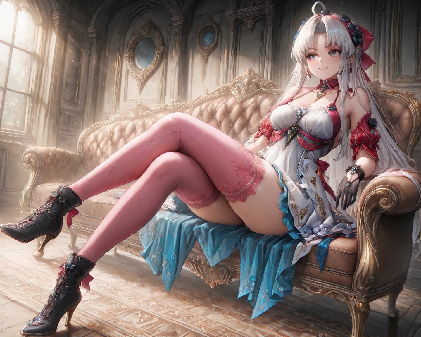 best quality, 32k, RAW photo, incredibly absurdres, extremely detailed, beautiful and cute lady, squat down with your legs wide apart, writhing in ecstasy, her face slightly raised and her lips half-open in an amorous and lewd expression, wearing orange and wine red cute corset ruffle long dress, large breasts, slender, perfect proportion, iridescent silver braided bangs and side hair